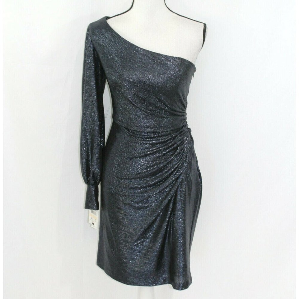 NWT R&M Richards Nightway Sparkly Navy Blue One Sleeve Mini Dress 6 FLAW